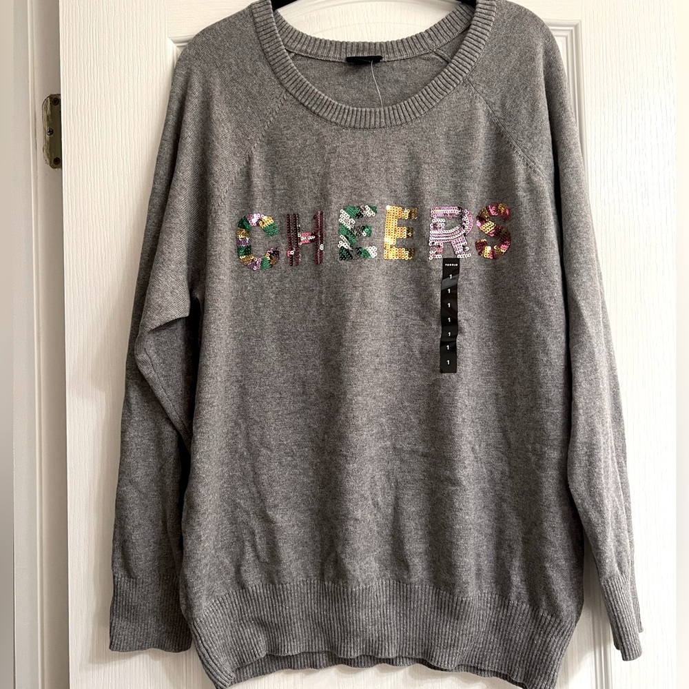 Torrid CHEERS Christmas Holiday Grey Sequin Graphic Sweater - size 1